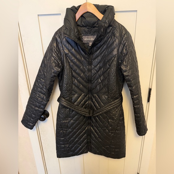 Eddie Bauer Women’s Coat Trinity Down Parka Size Small BLACK Jacket Belted - Picture 3 of 11